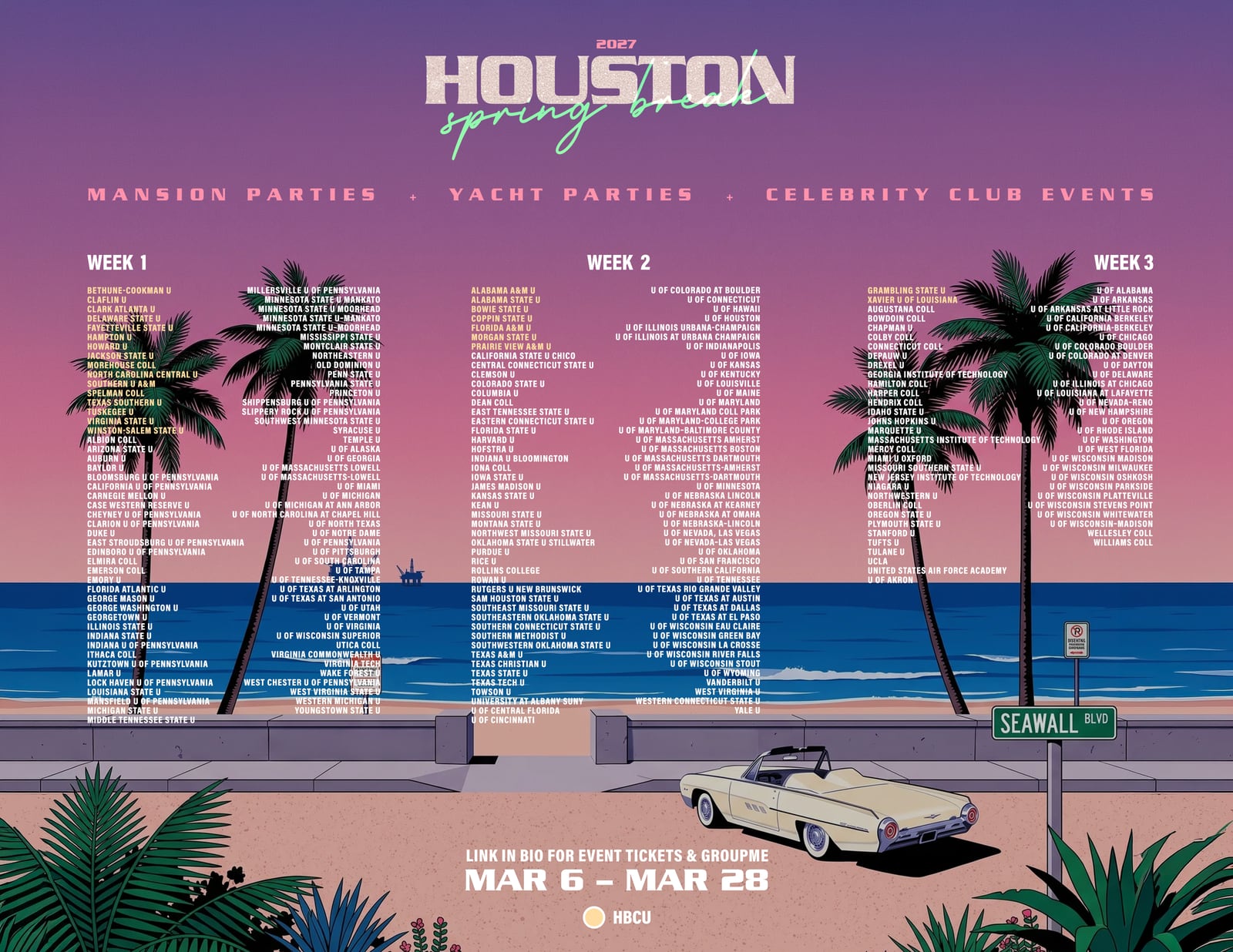 Official Houston Spring Break 2027 School List flyer showing the schools on Week 1, Week 2 and Week 3, with HBCUs highlighted