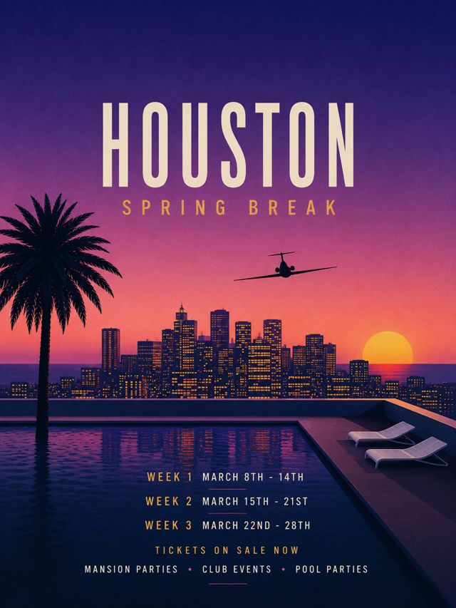 Houston Spring Break 2027 — rooftop pool poster